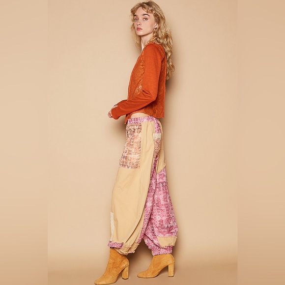 252B. Floral Print Patchwork Twill Jogger Pants - Camel - Picture 5 of 5